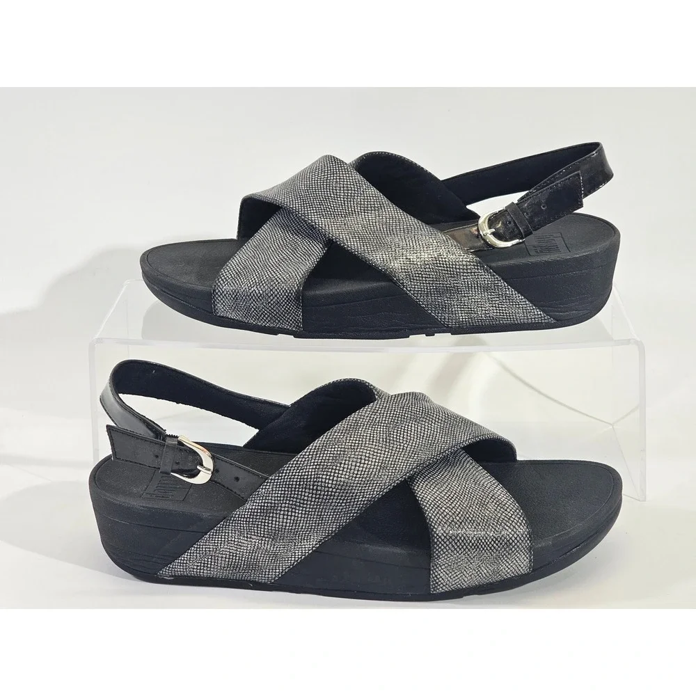 FitFlop Lulu Sandals Womens 10 Silver Snakeskin Metallic Slingback Wedge K54-547